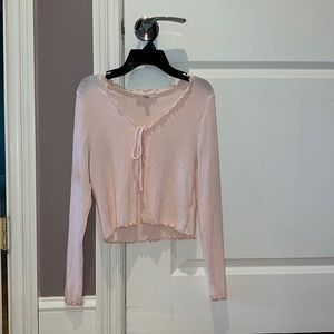 Gaze Pink Ribbed Tie-Front Cardigan, Size S